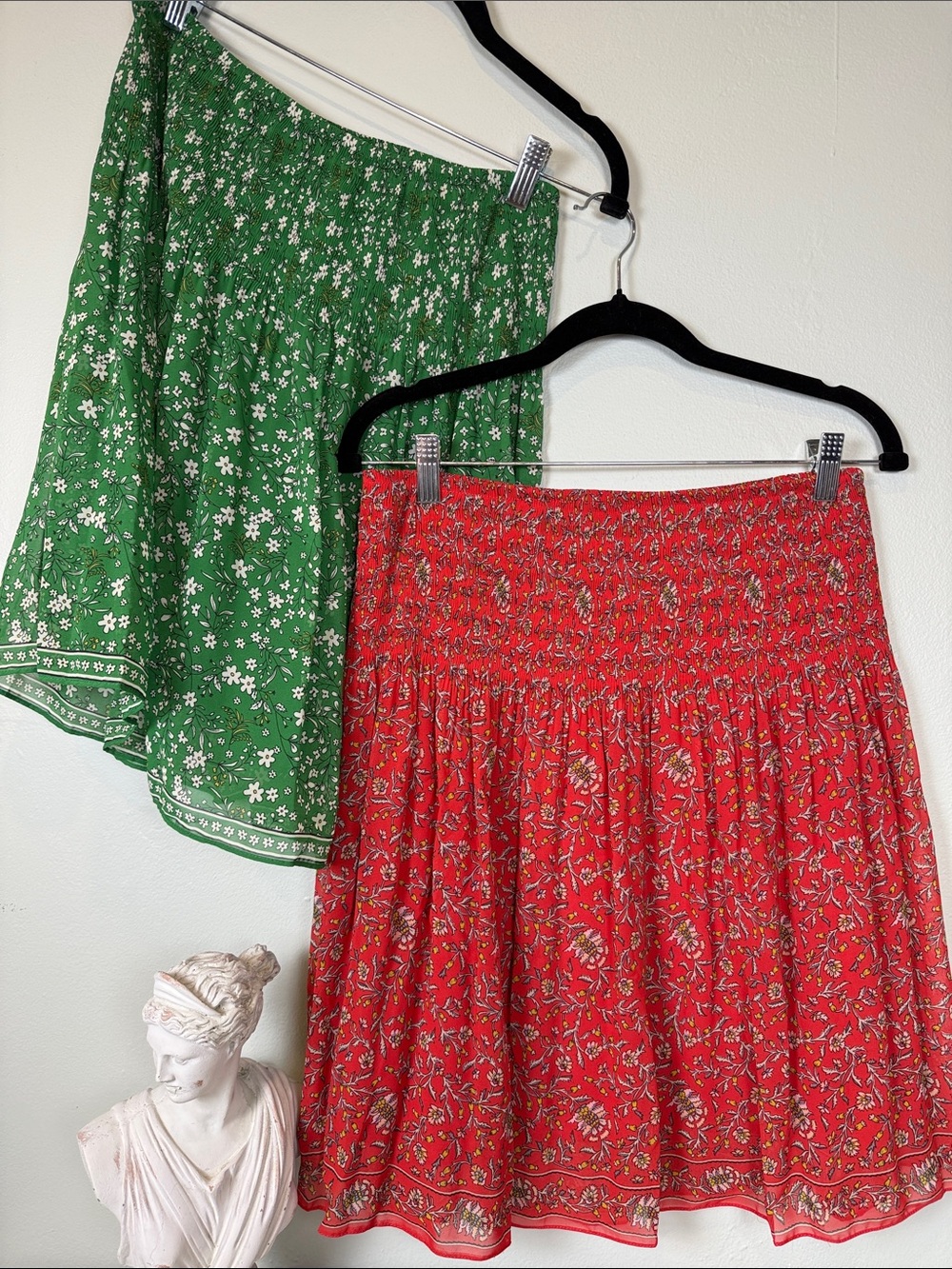 BUNDLE (2) Max Studio Ditsy Floral Smocked Skirts Medium Red/Green Smocked Waist